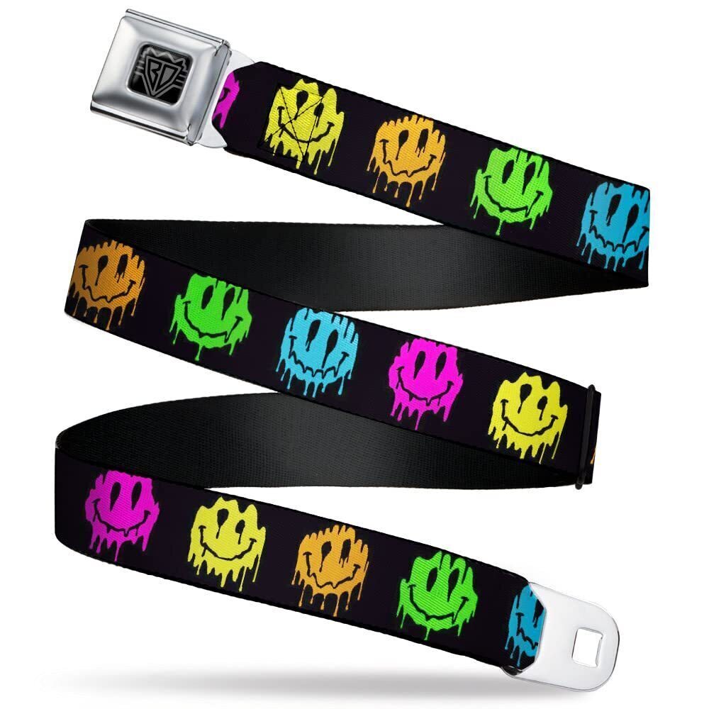 5373 Belt, Seatbelt Buckle Belt, Smiley Face Melted Repeat Black Multi